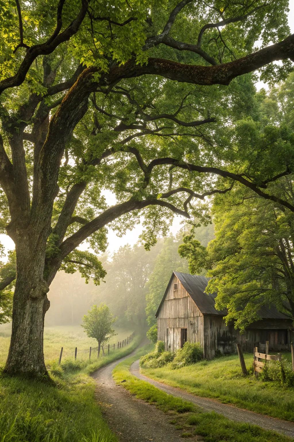 Mature trees offer shade and add depth to barn settings.