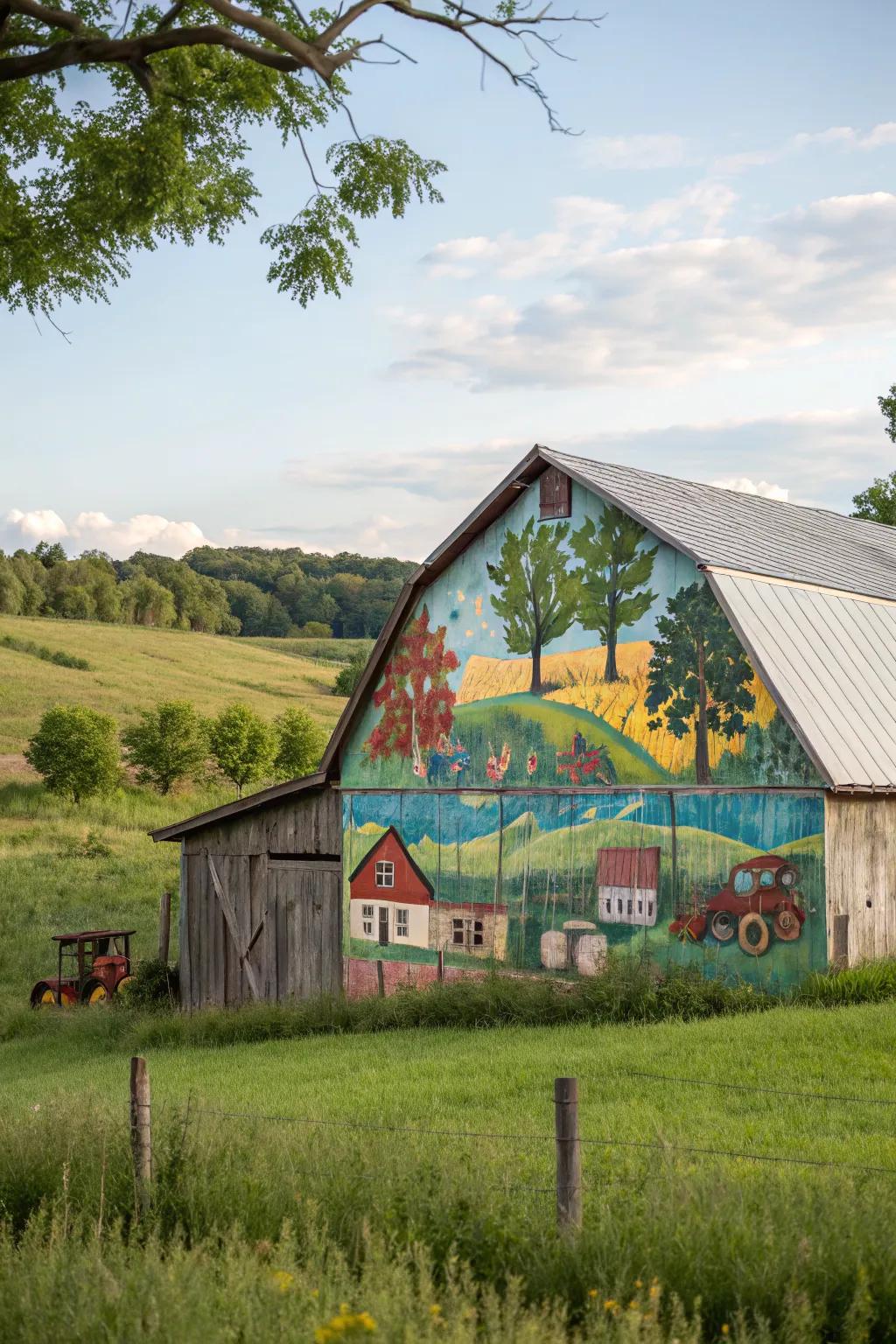 A barn transformed into an art piece with a vibrant rural scene mural.