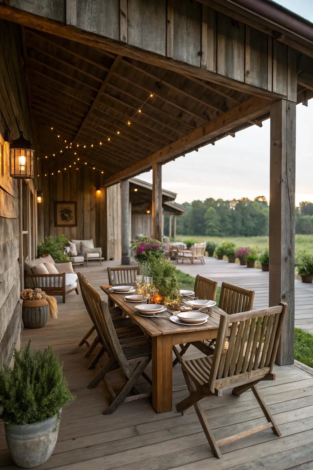 A versatile barn porch featuring both dining and lounging spaces for gatherings.