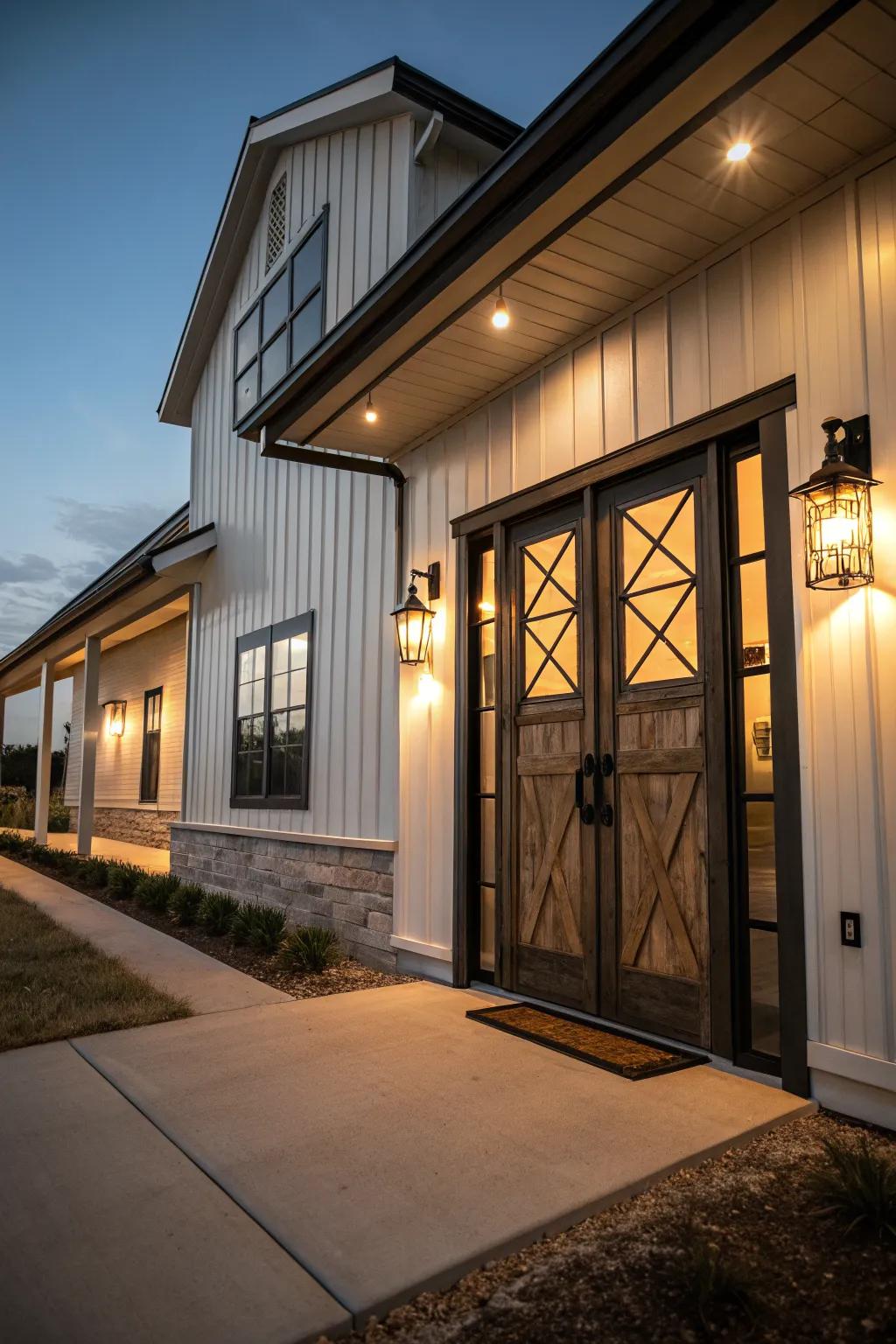 Inviting entrance with outdoor lighting.