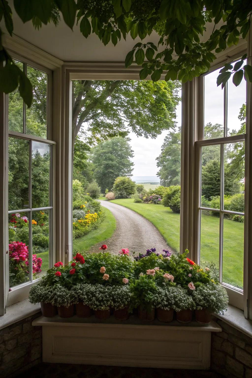 Curved beds elegantly match the contours of bay windows.