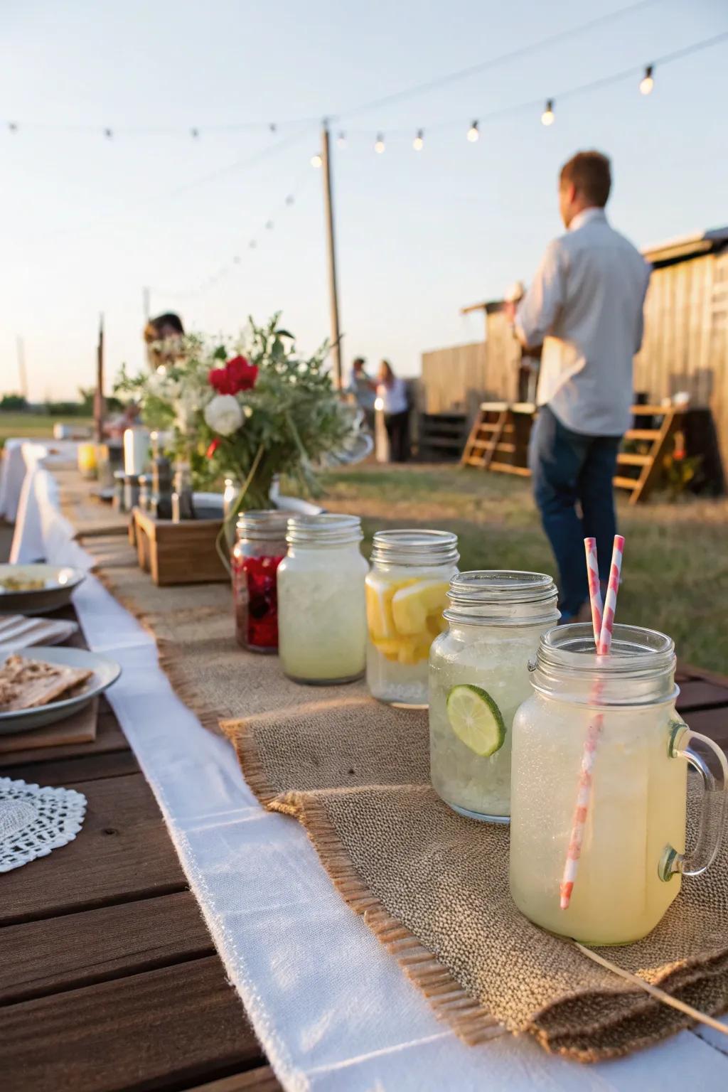 Mason jars and burlap create a rustic and homey atmosphere.
