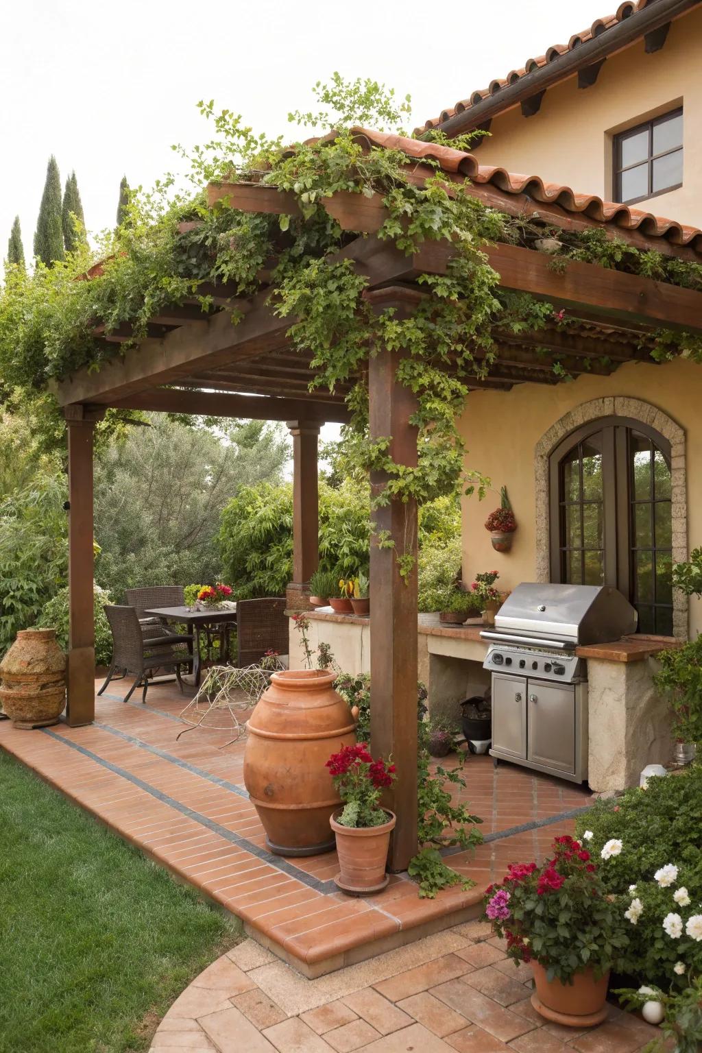 A clay tile pergola infuses Mediterranean warmth into your BBQ space.