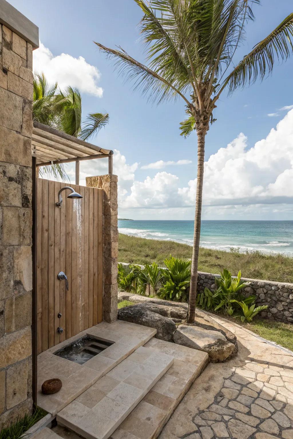 An open design invites fresh air and relaxation into this outdoor shower.