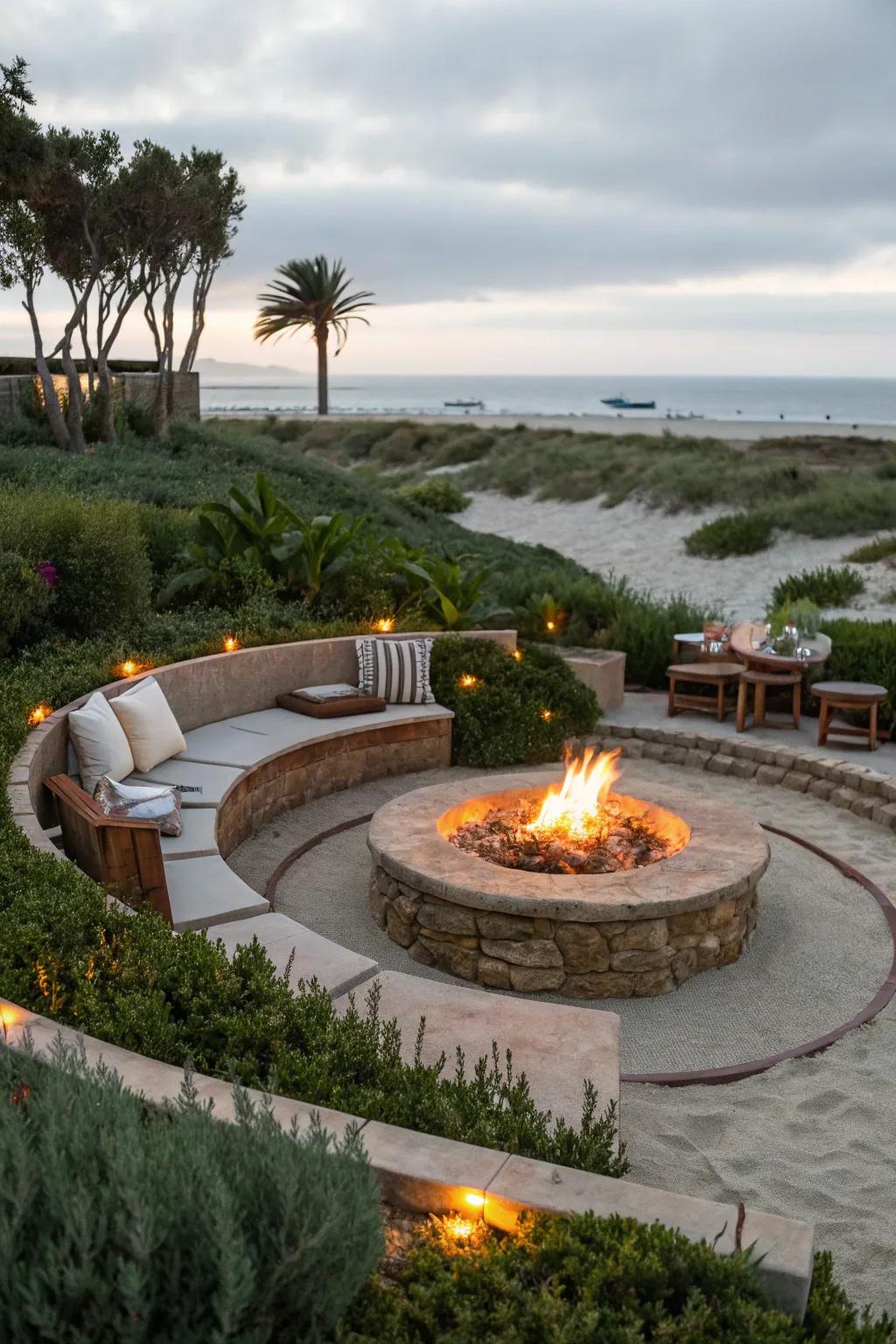 A fire pit creates a warm and inviting gathering spot in your coastal garden.