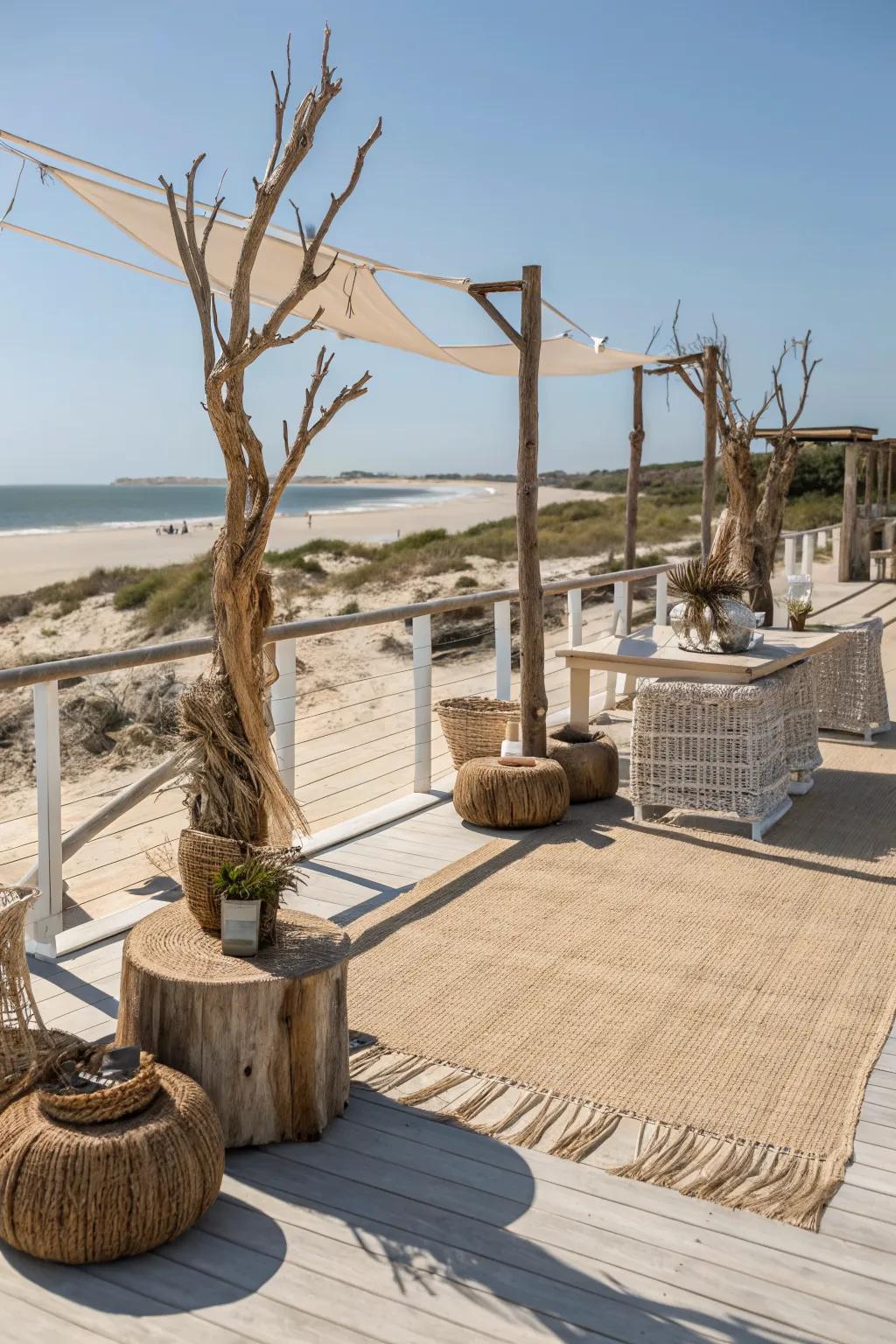Textural materials like driftwood add warmth to your patio.
