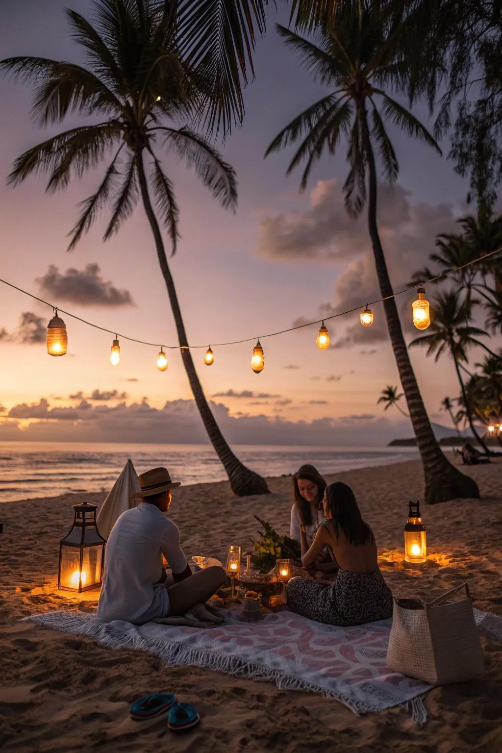 Soft lighting transforms a beach picnic into an enchanting evening.