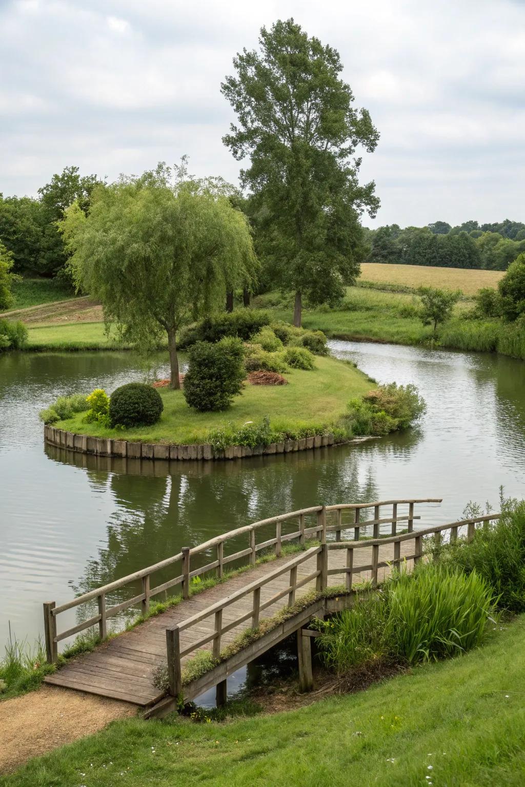 A charming bridge leading to a small island in the farm pond.