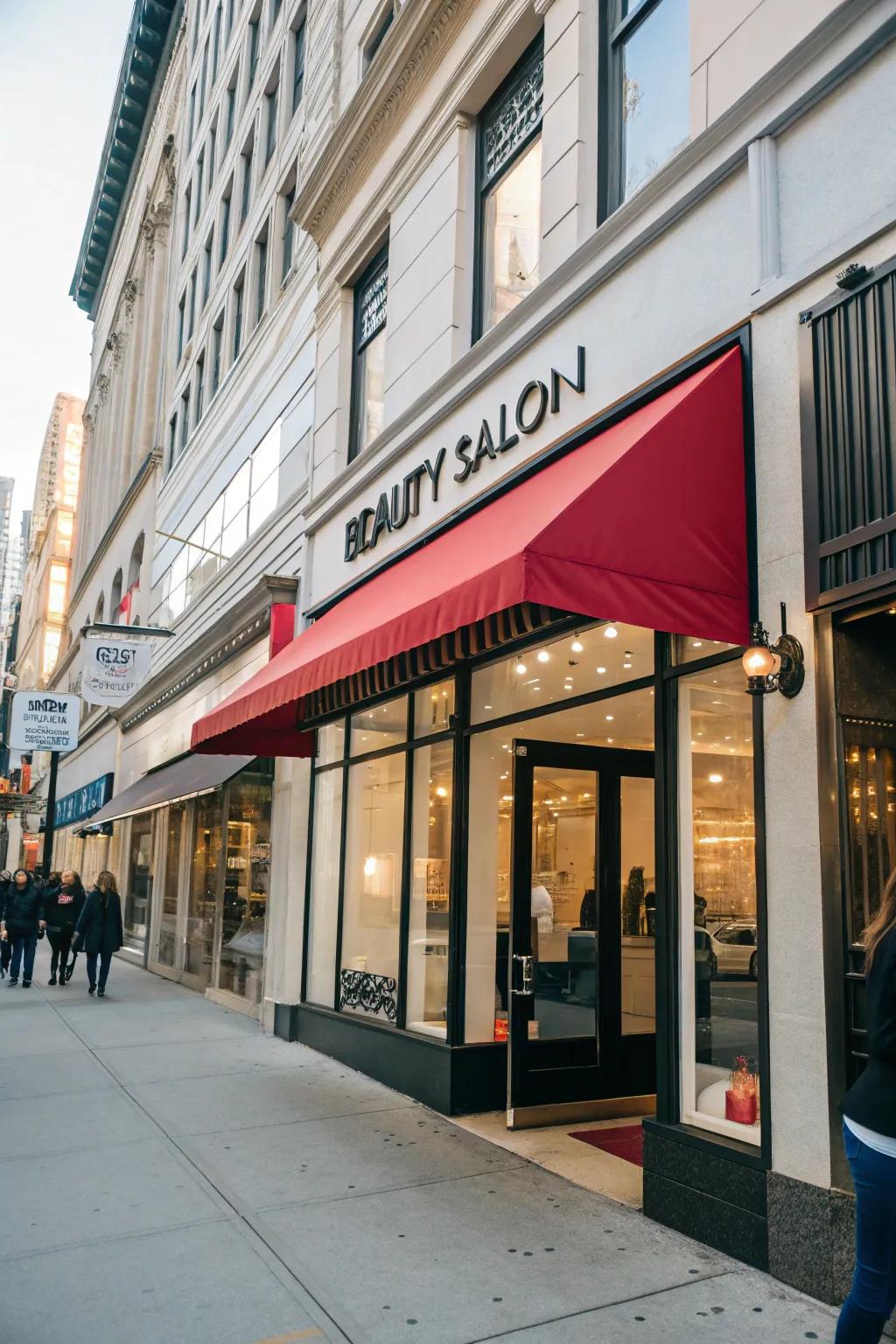 A beauty salon entrance enhanced by a chic and stylish awning.