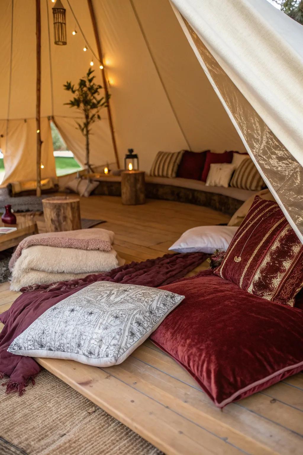 Luxurious textures elevate the tent's elegance.