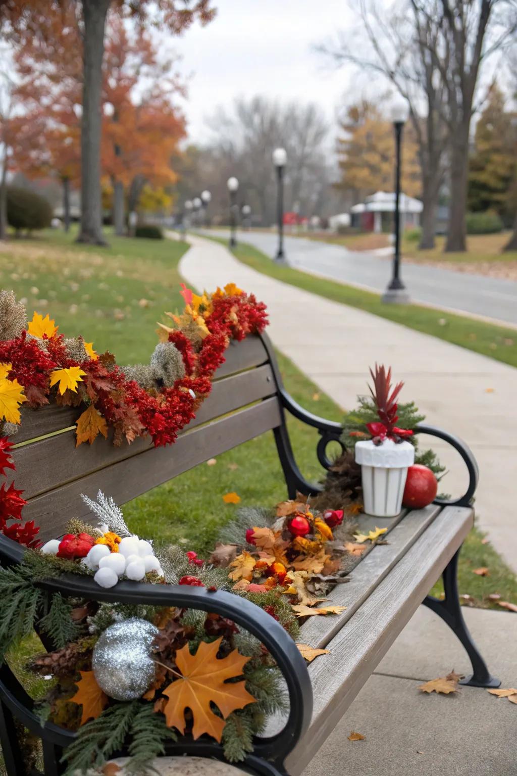 Seasonal decor adds a festive touch to this bench.