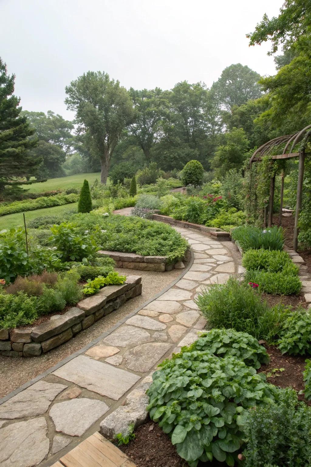 Pathways and borders adding structure to a garden berm.