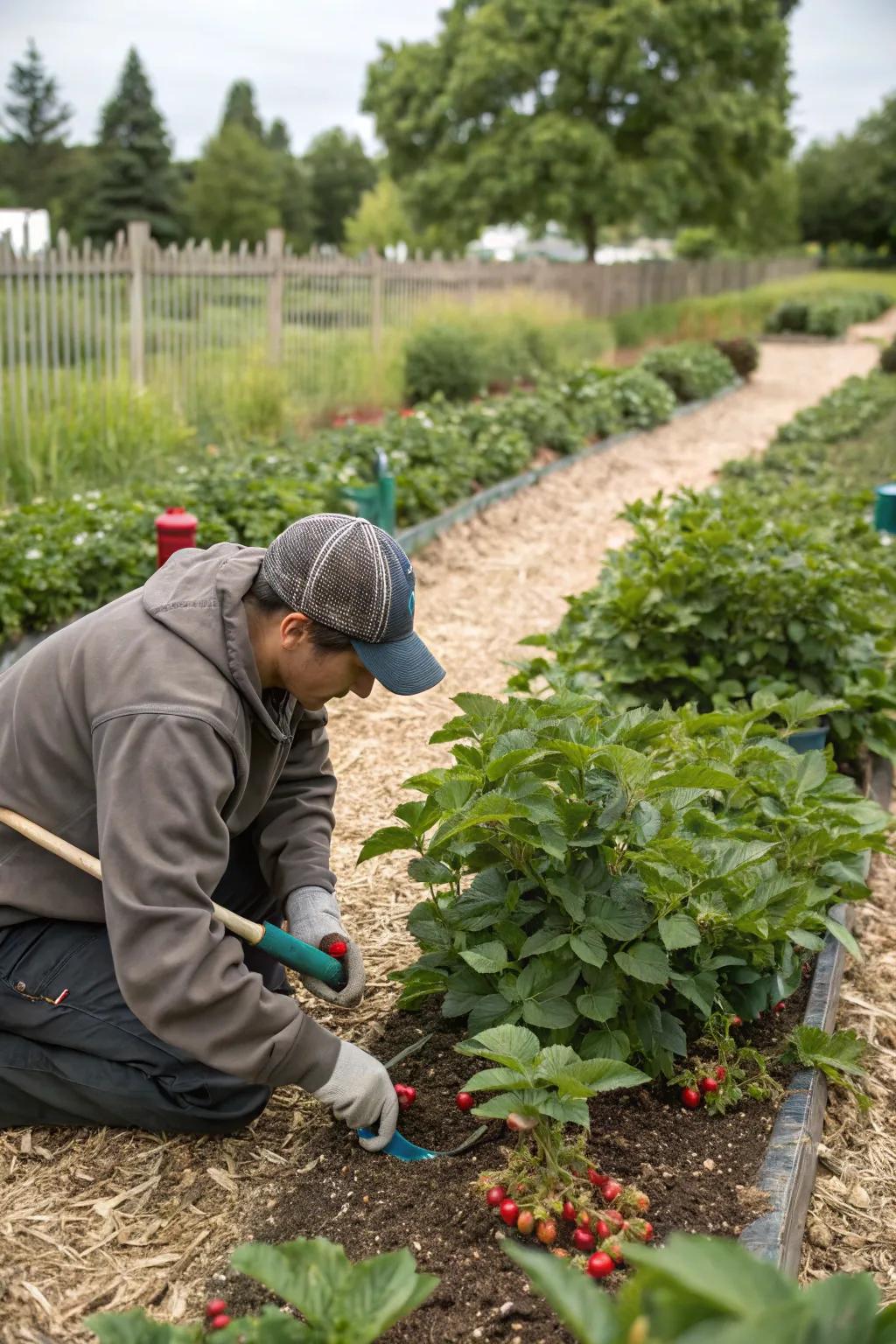 A gardener caring for berry plants, ensuring a healthy and productive garden.