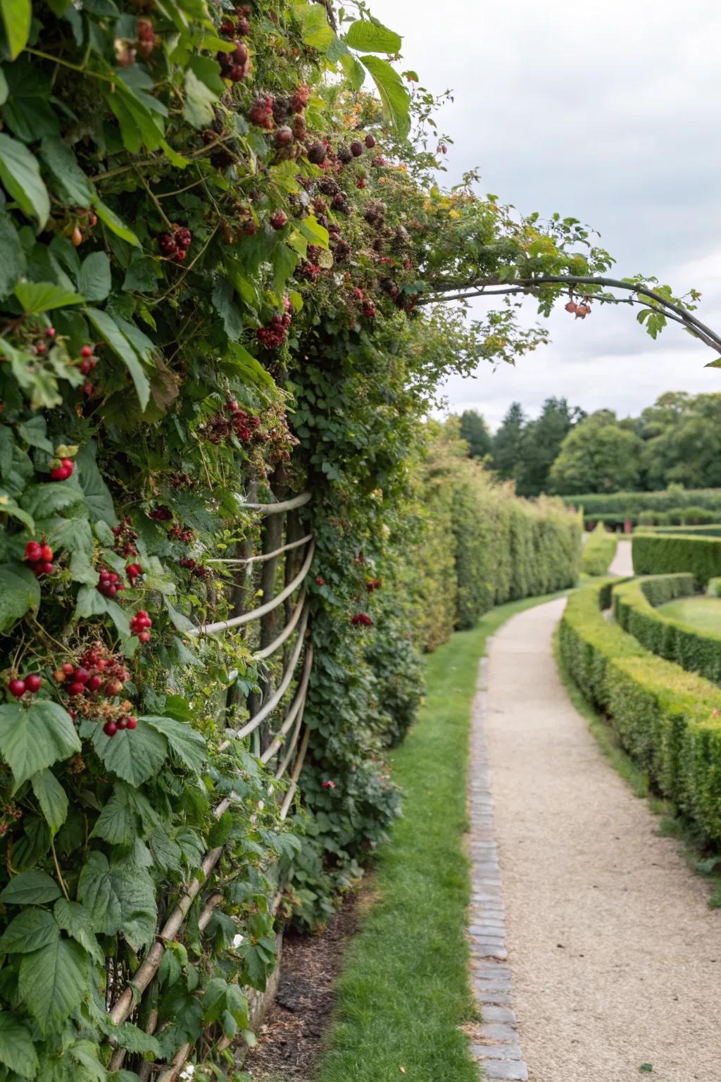 A living fence trellis serves as both a privacy screen and a berry producer.