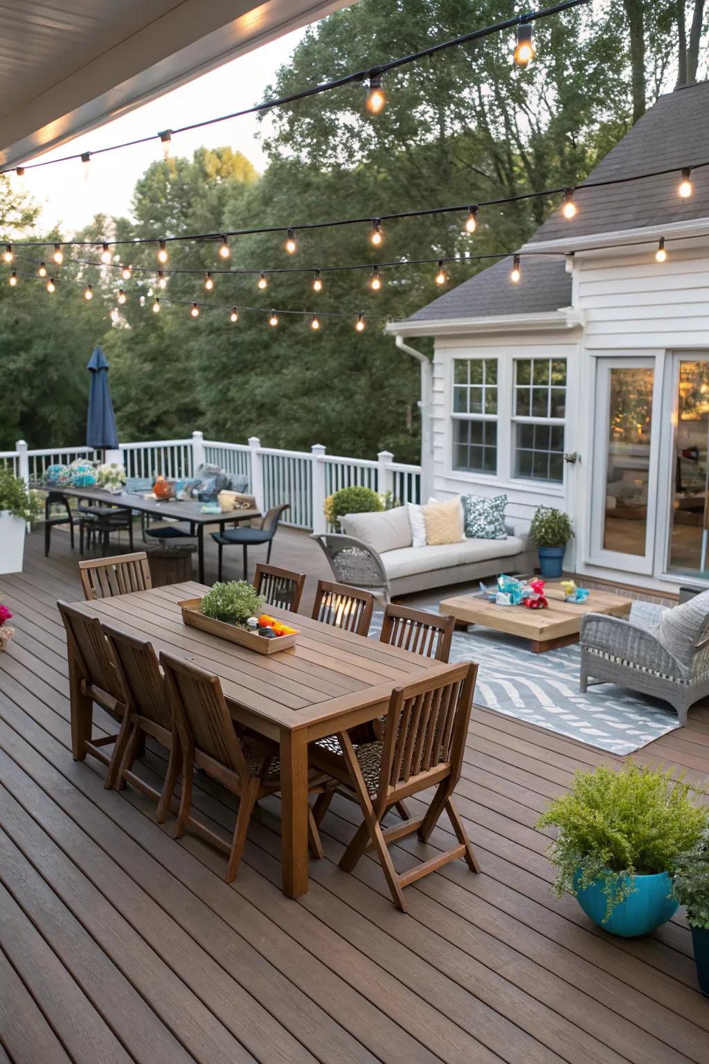 A versatile deck with designated zones for different activities.