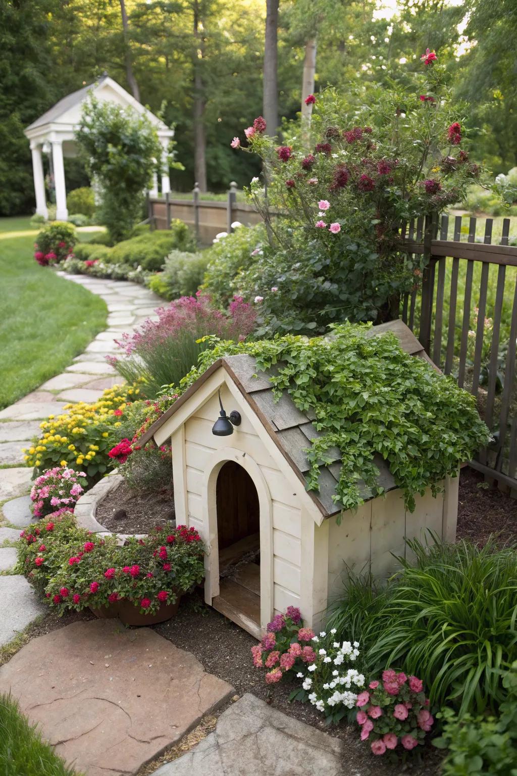 A dog house seamlessly integrated into the garden landscape.