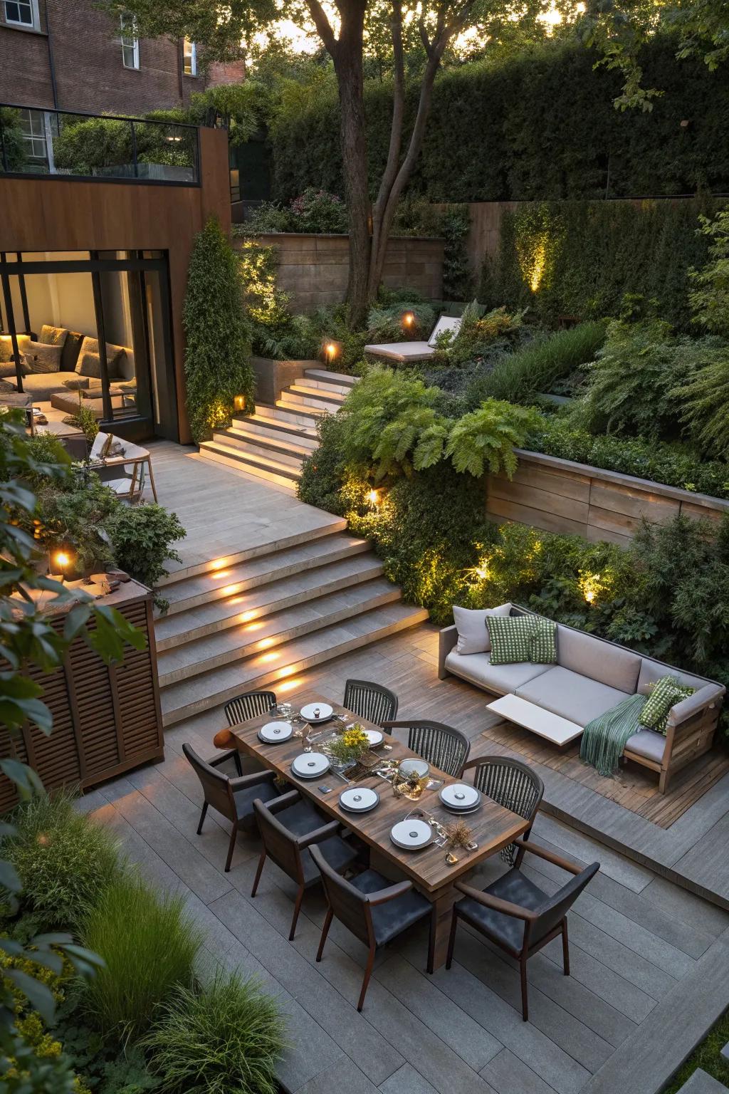 A dynamic multi-level patio design enhances outdoor living
