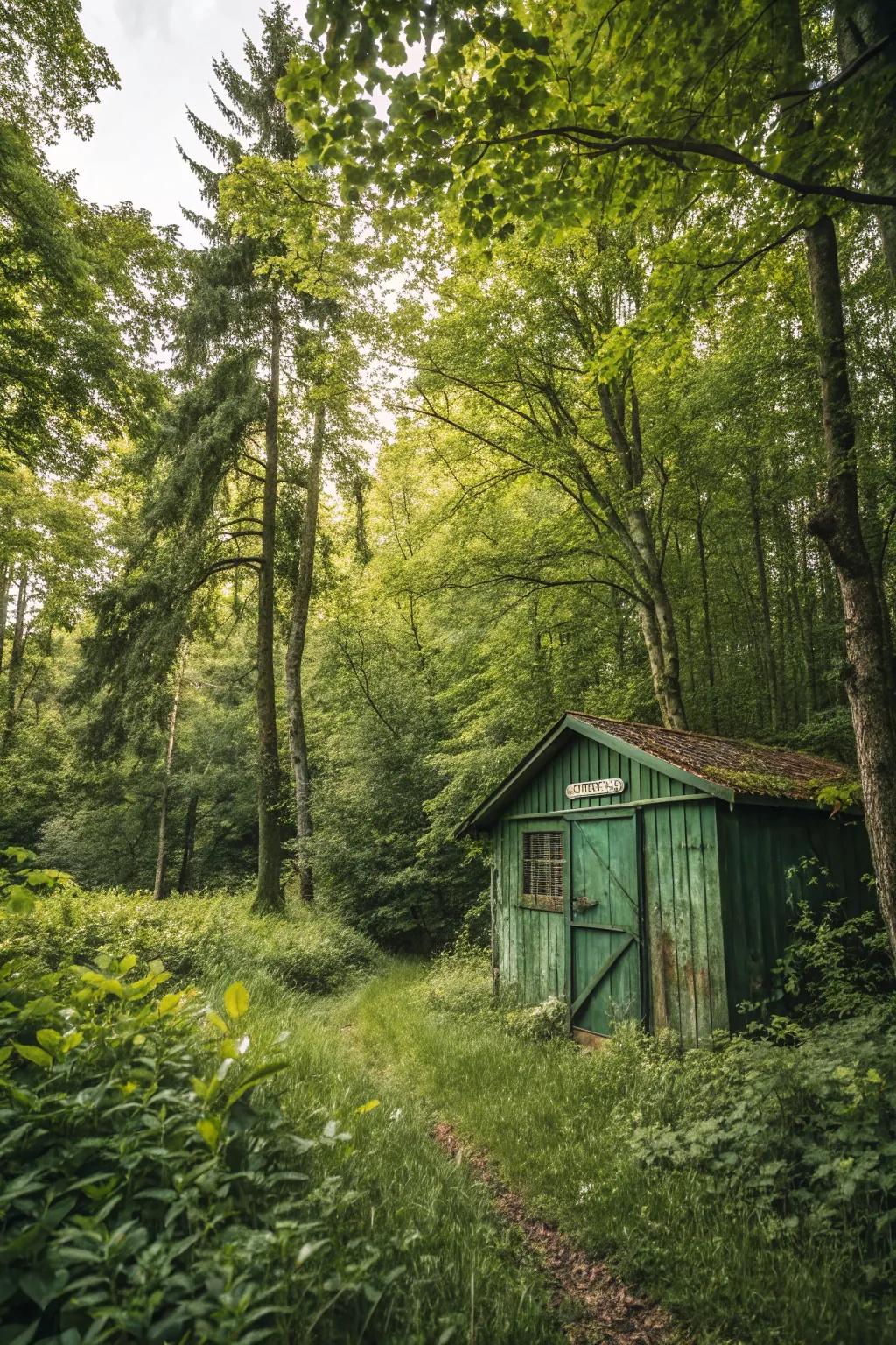 Forest green stain creates a seamless flow between nature and structure.