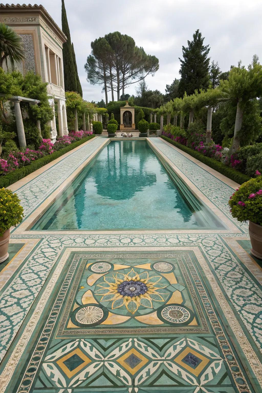 Mosaic patterns adding a touch of artistry to the pool.