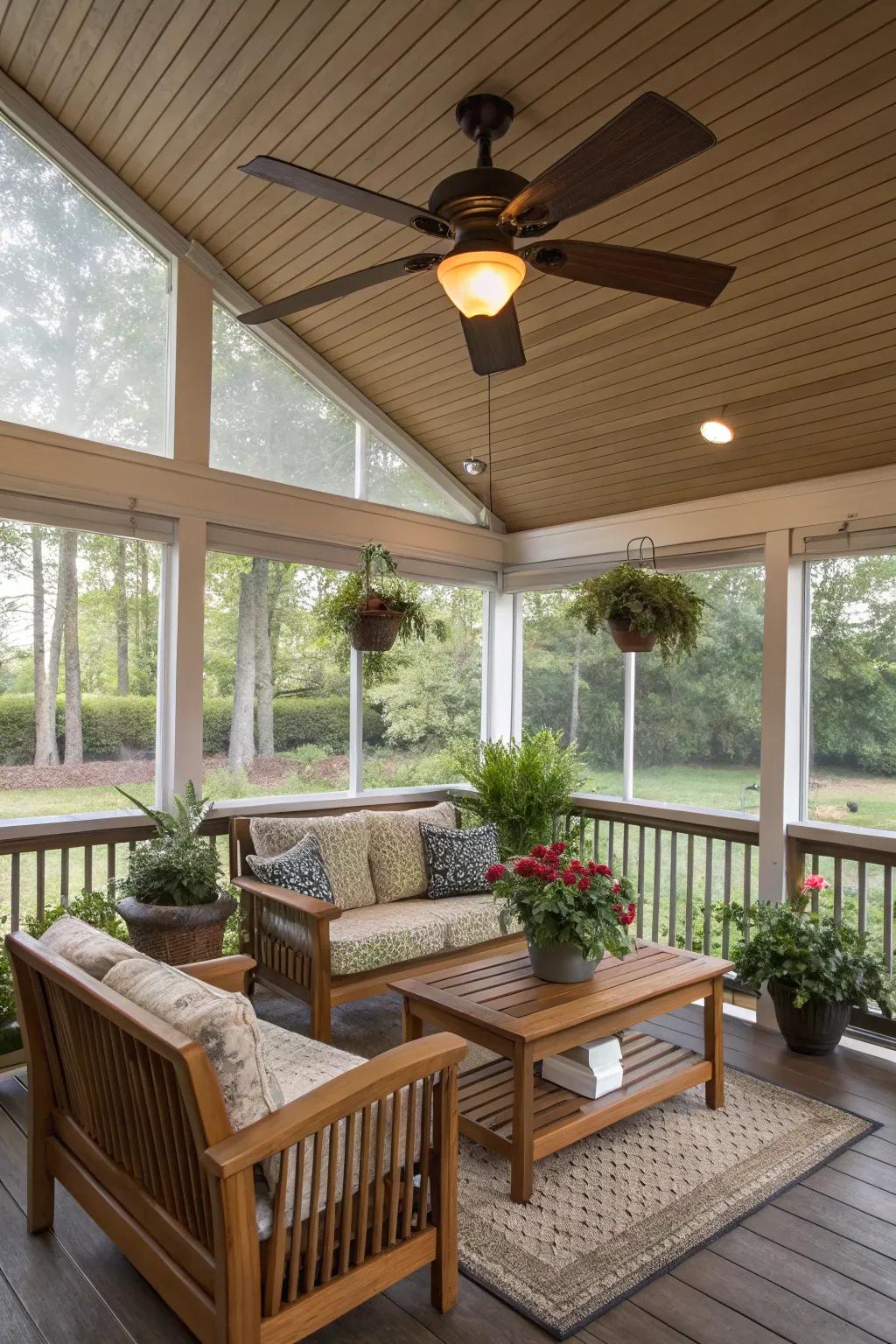 Ceiling fans with heaters distribute warmth throughout your porch.
