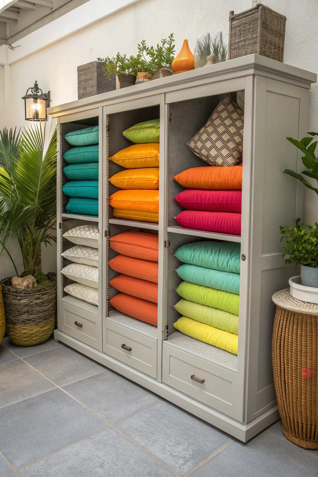 Indoor cabinets doubling as storage for outdoor cushions