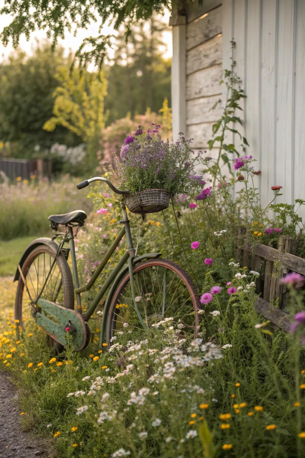 Capture rustic charm with a naturally weathered bicycle planter.