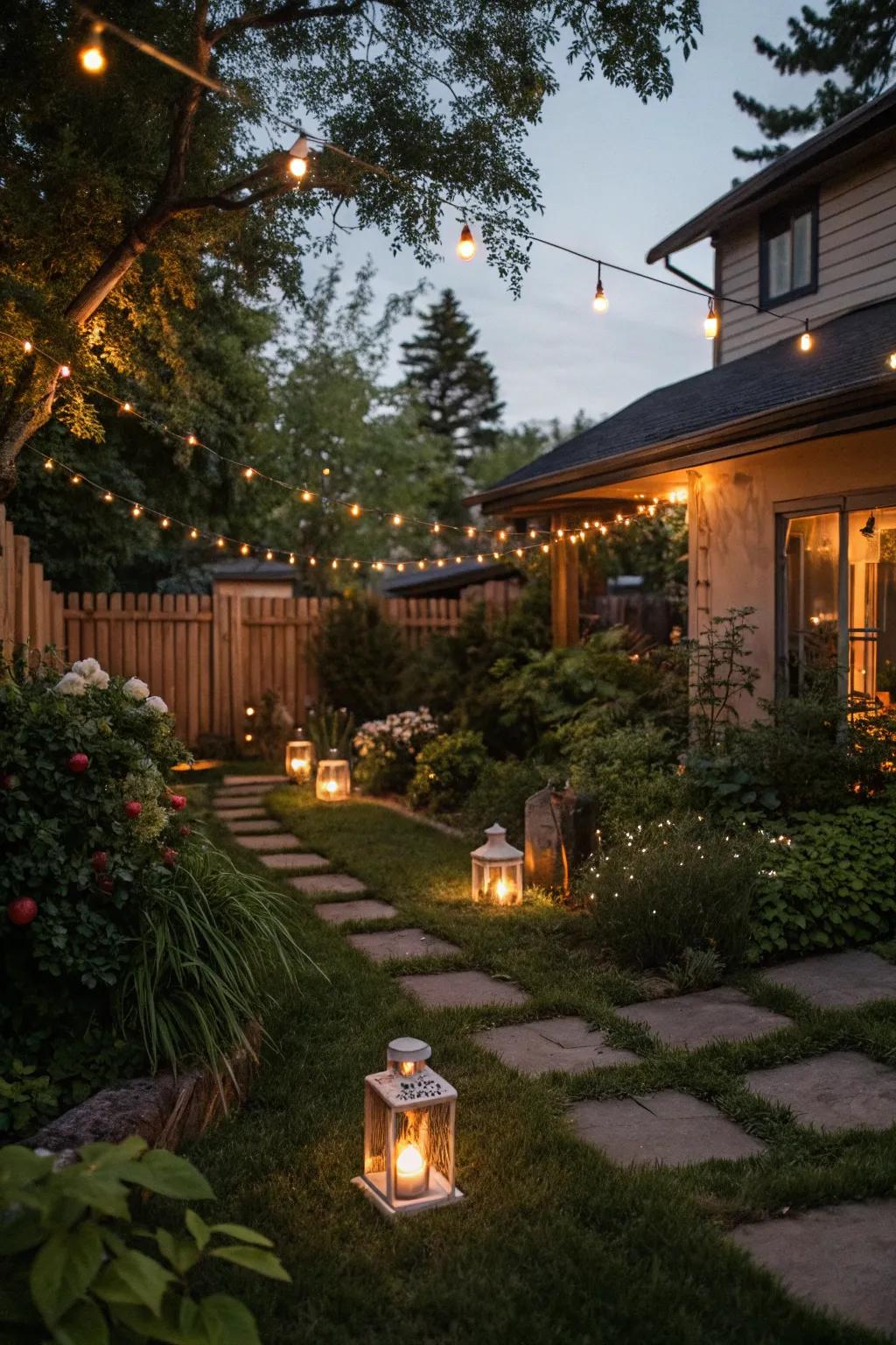 Stylish lighting transforms your backyard into a magical evening retreat.