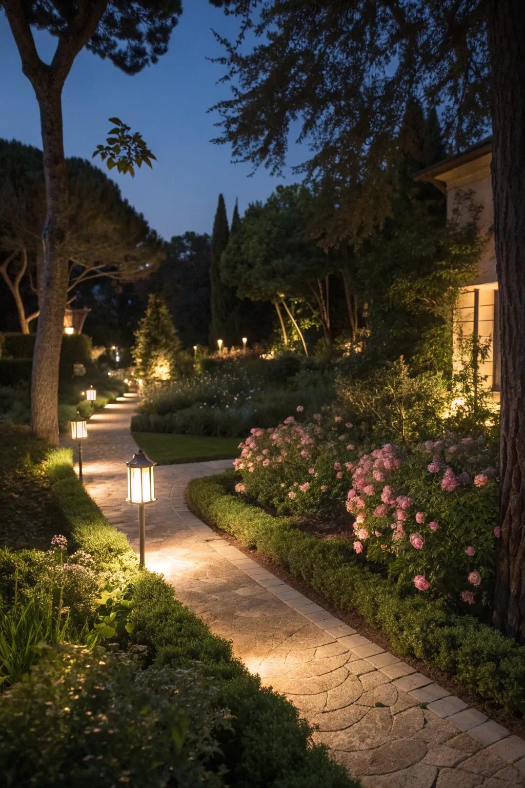 Garden pathways and plants beautifully illuminated by outdoor lighting.