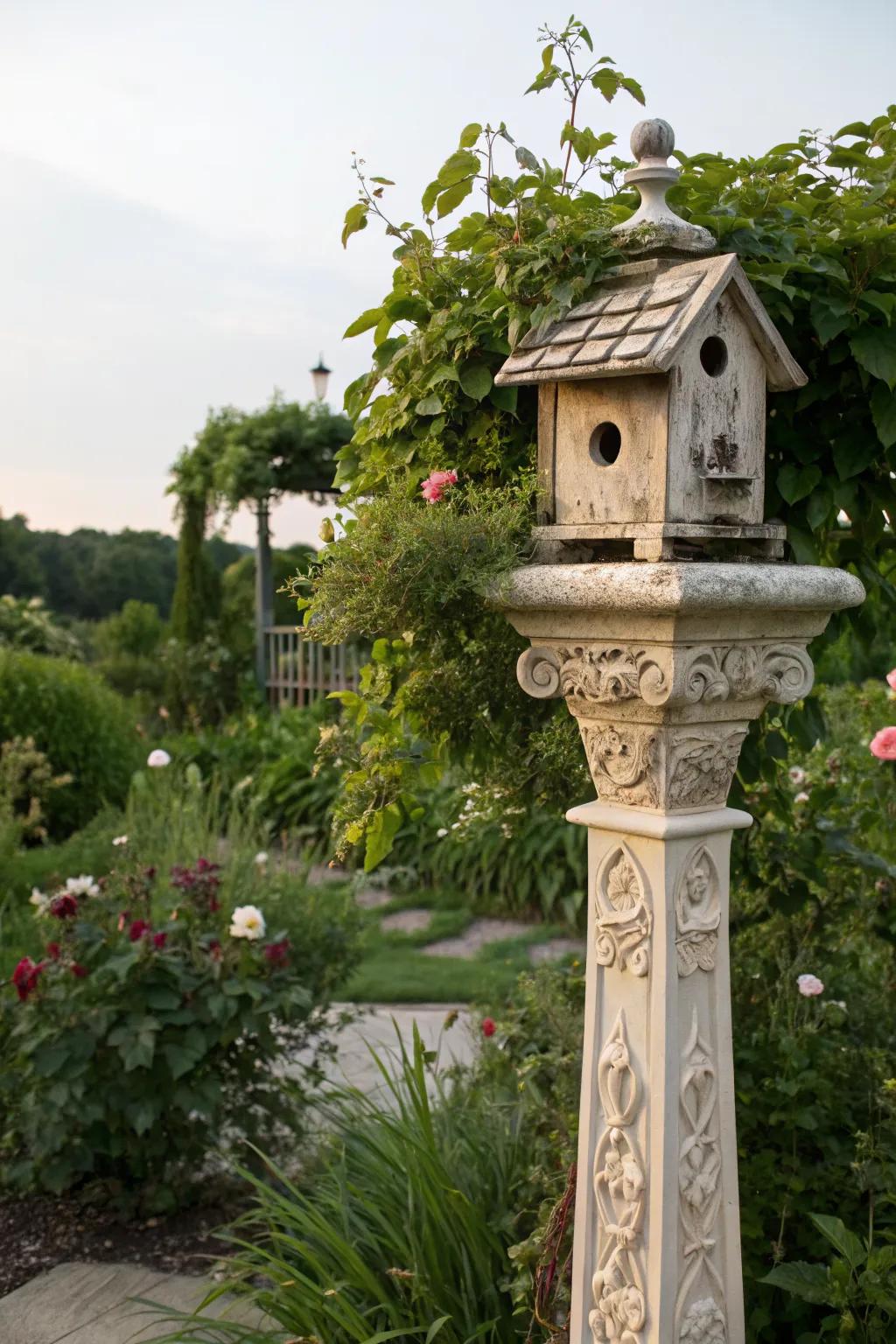 A decorative post elevates a birdhouse into a striking garden feature.