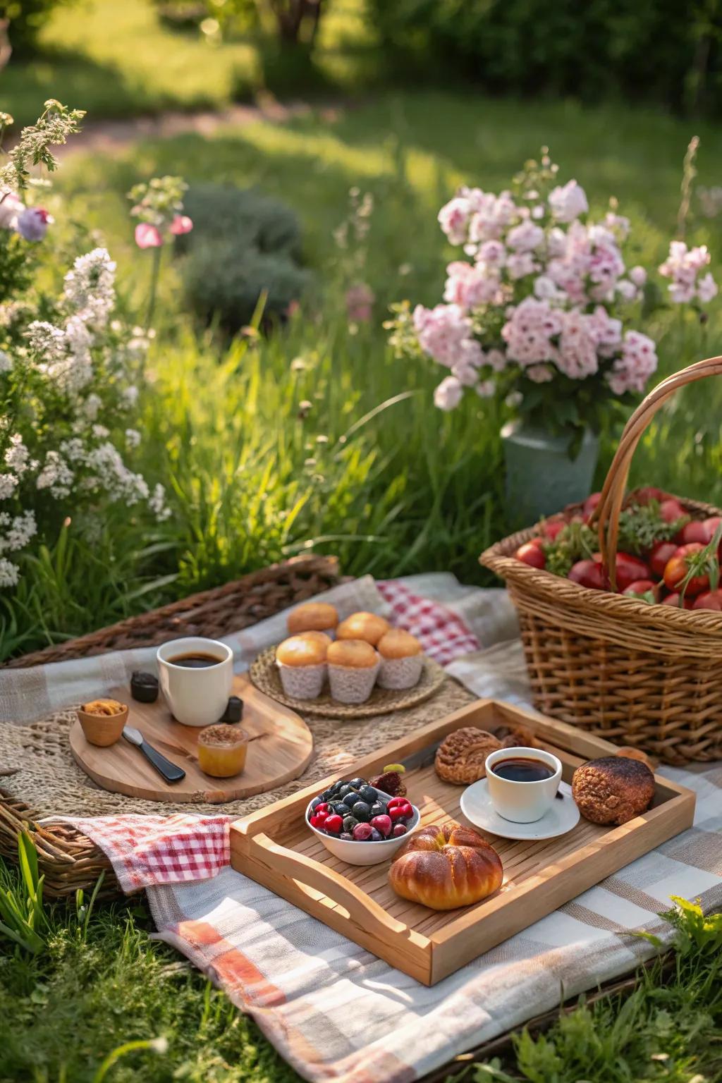 A breakfast picnic with pastries and coffee set in a sunlit garden.