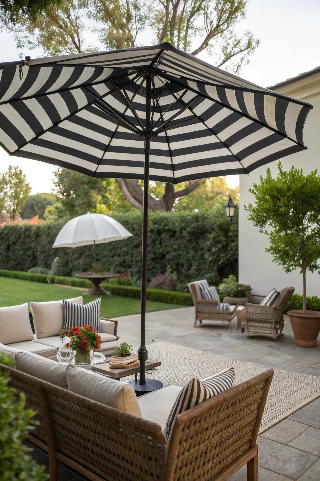 A bold statement umbrella in black and white stripes.