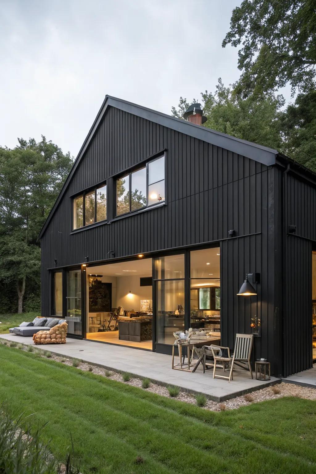 A black barn designed as a multifunctional living space.