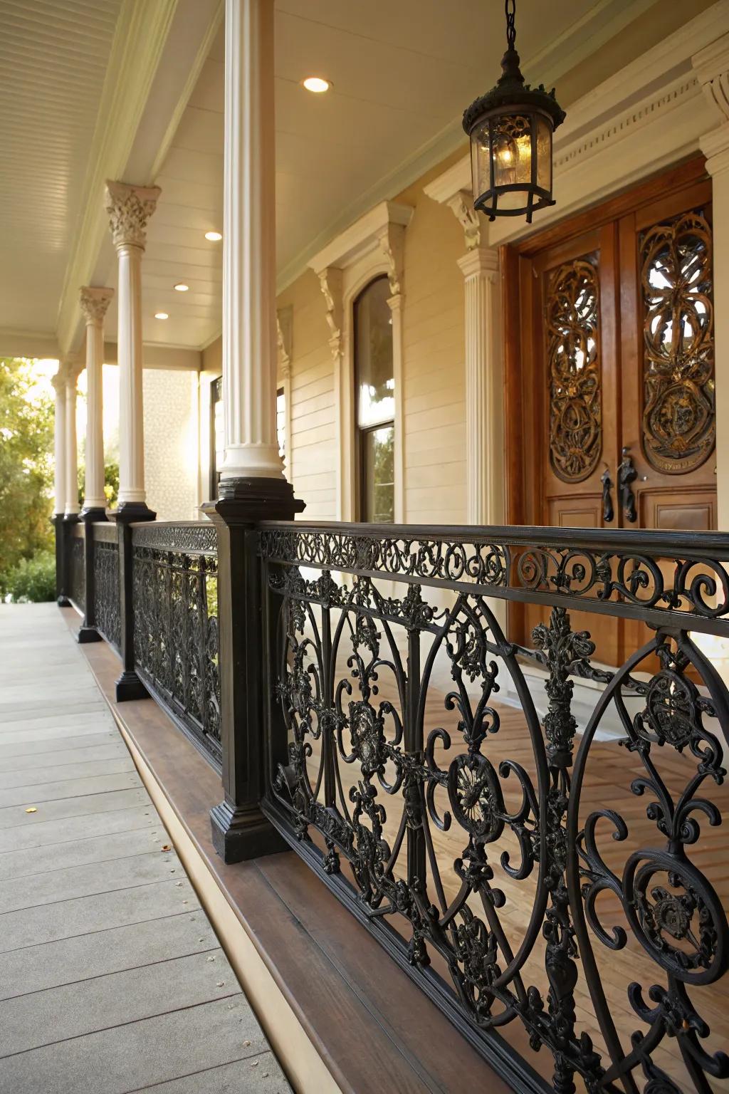Decorative metalwork adds elegance to this porch railing.