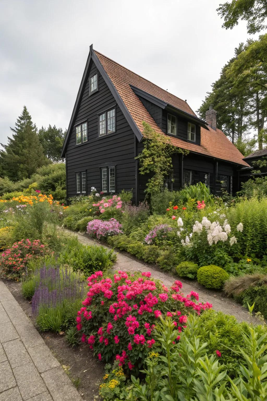 Lush landscaping complements the bold black exterior.