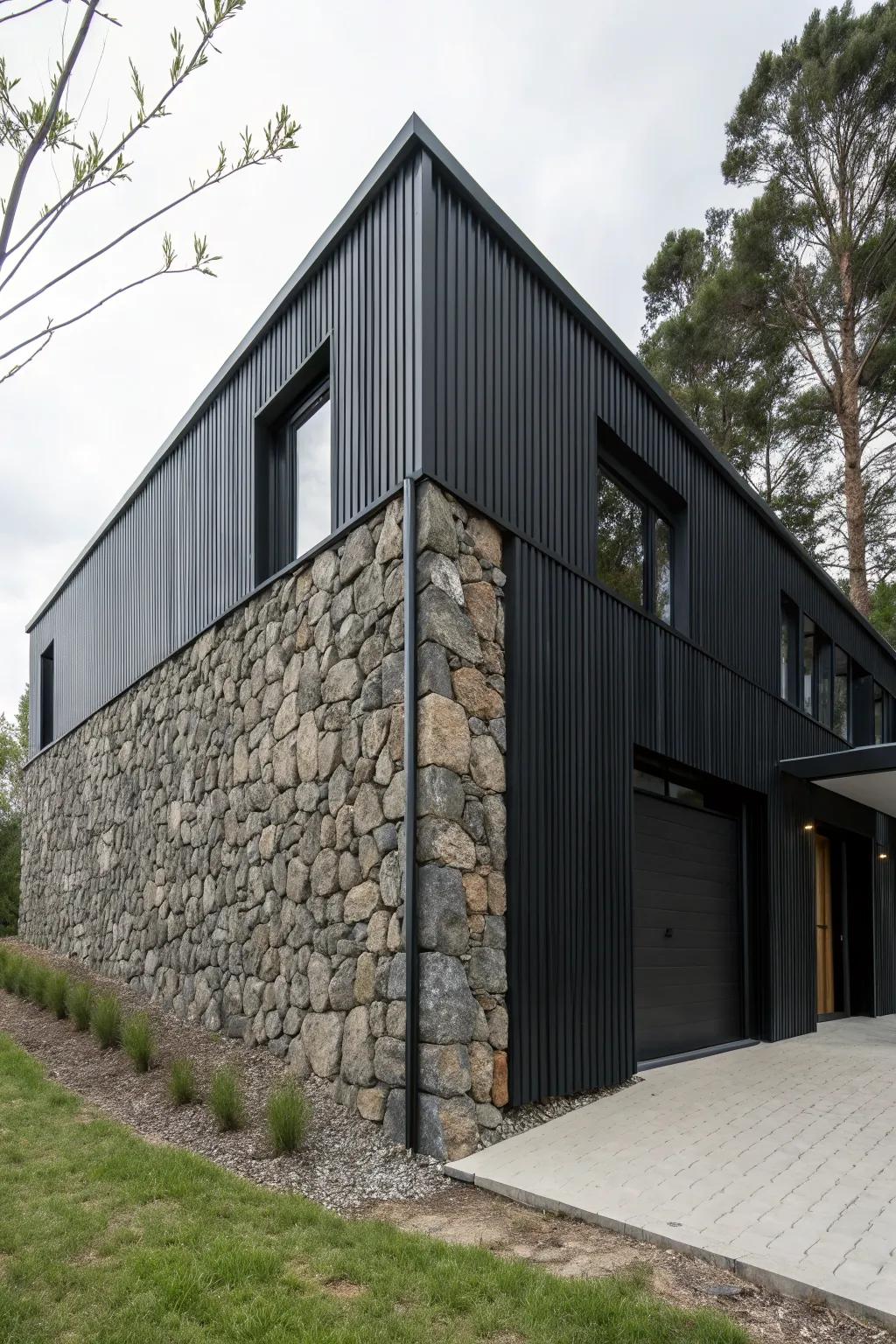 Textured facades add depth to a black house exterior.
