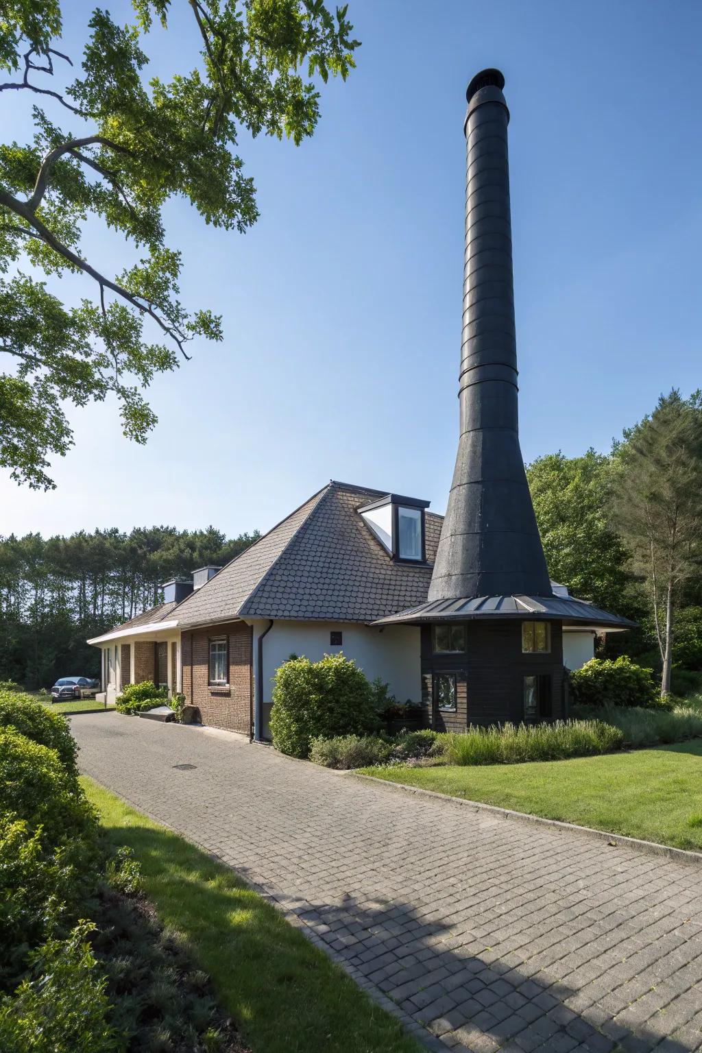 Unique shapes and heights make this black chimney a focal point.