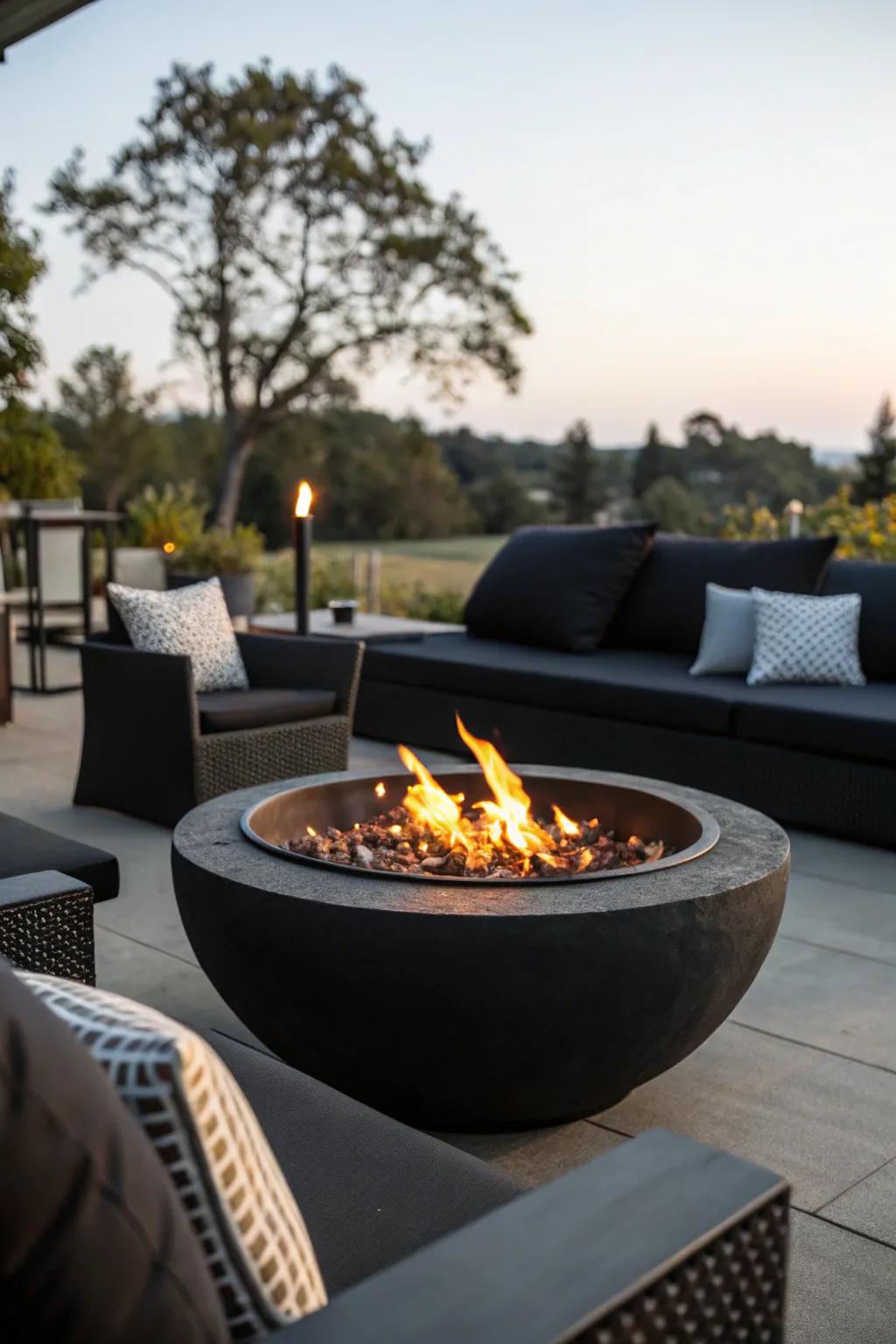 A fire pit adds warmth and becomes a focal point in a black patio setting.