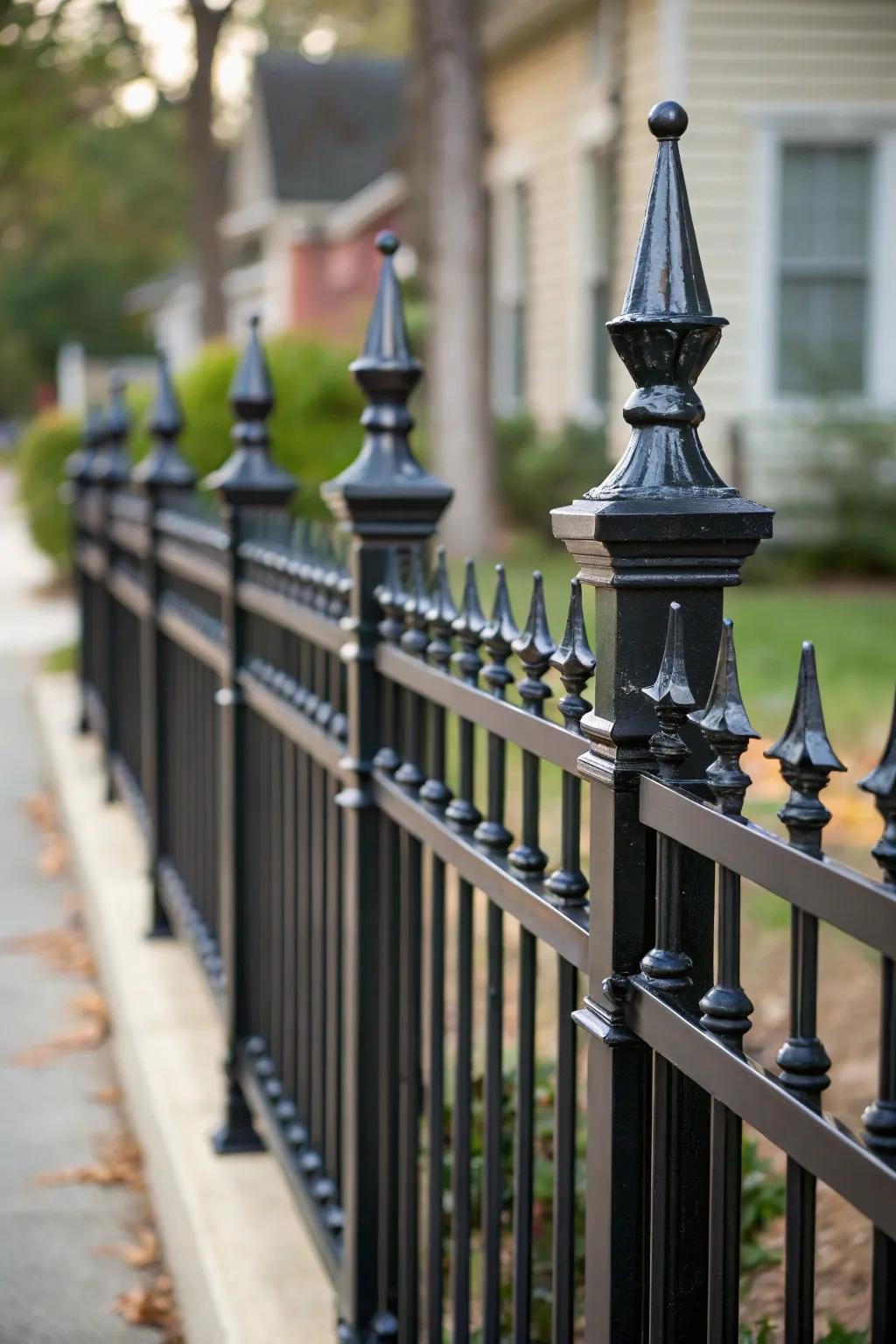 Decorative finials add an artistic touch to a black fence.