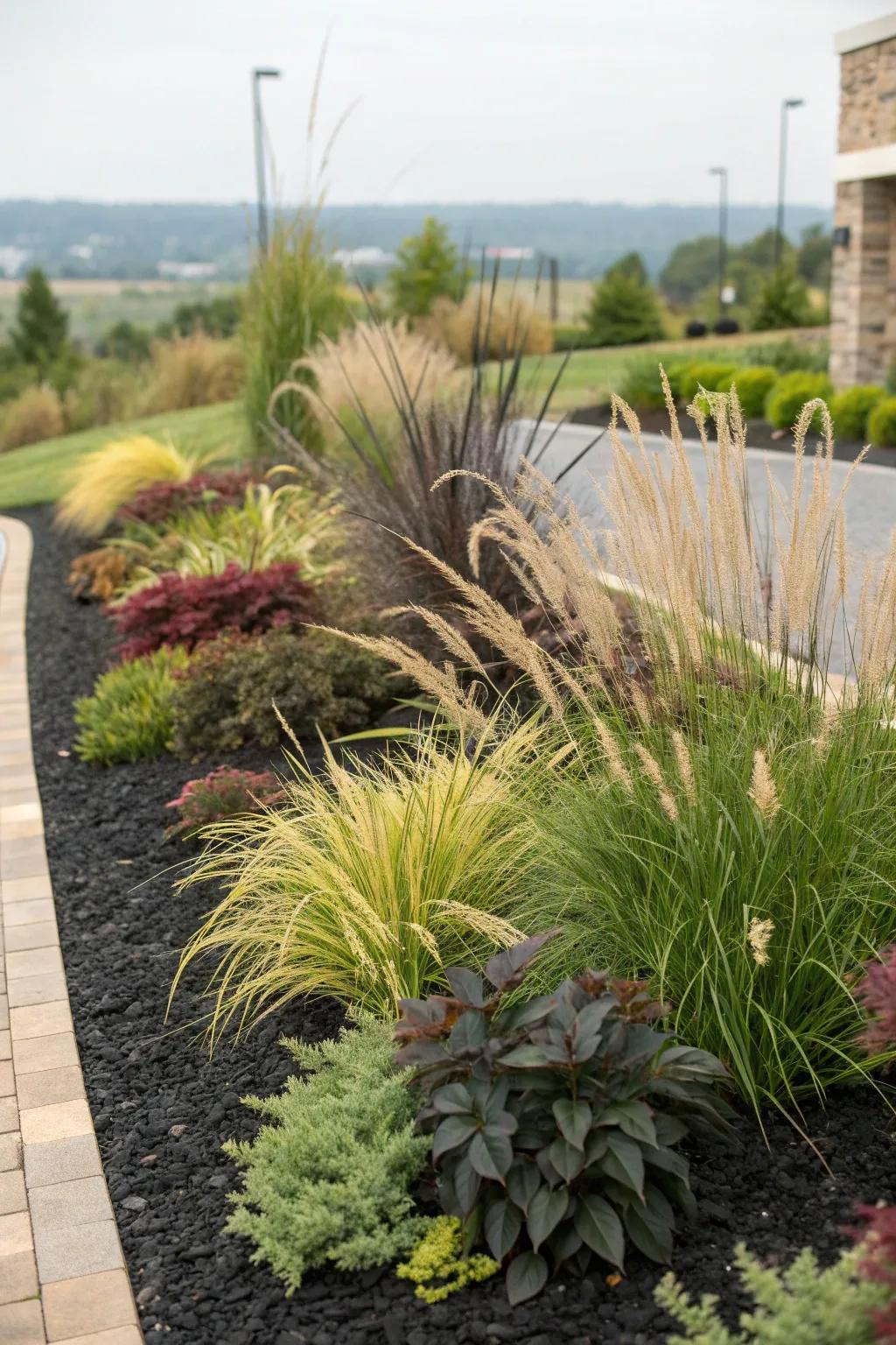 Diverse plantings that stand out with black rubber mulch.