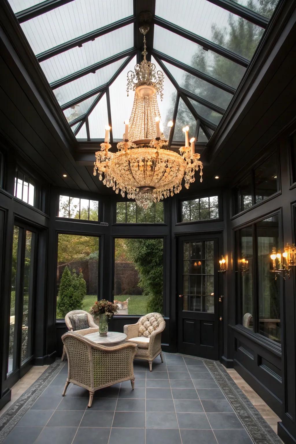 Luxurious lighting fixtures add a touch of sophistication to a black sunroom.