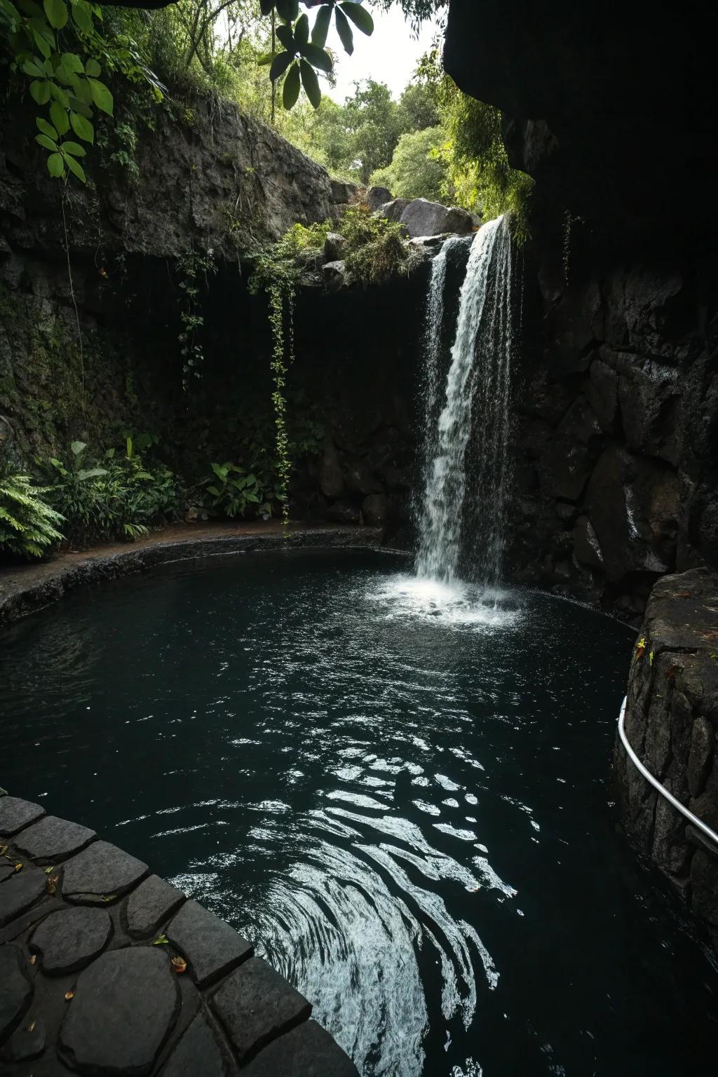 A cascading waterfall enhances the serenity of this pool.