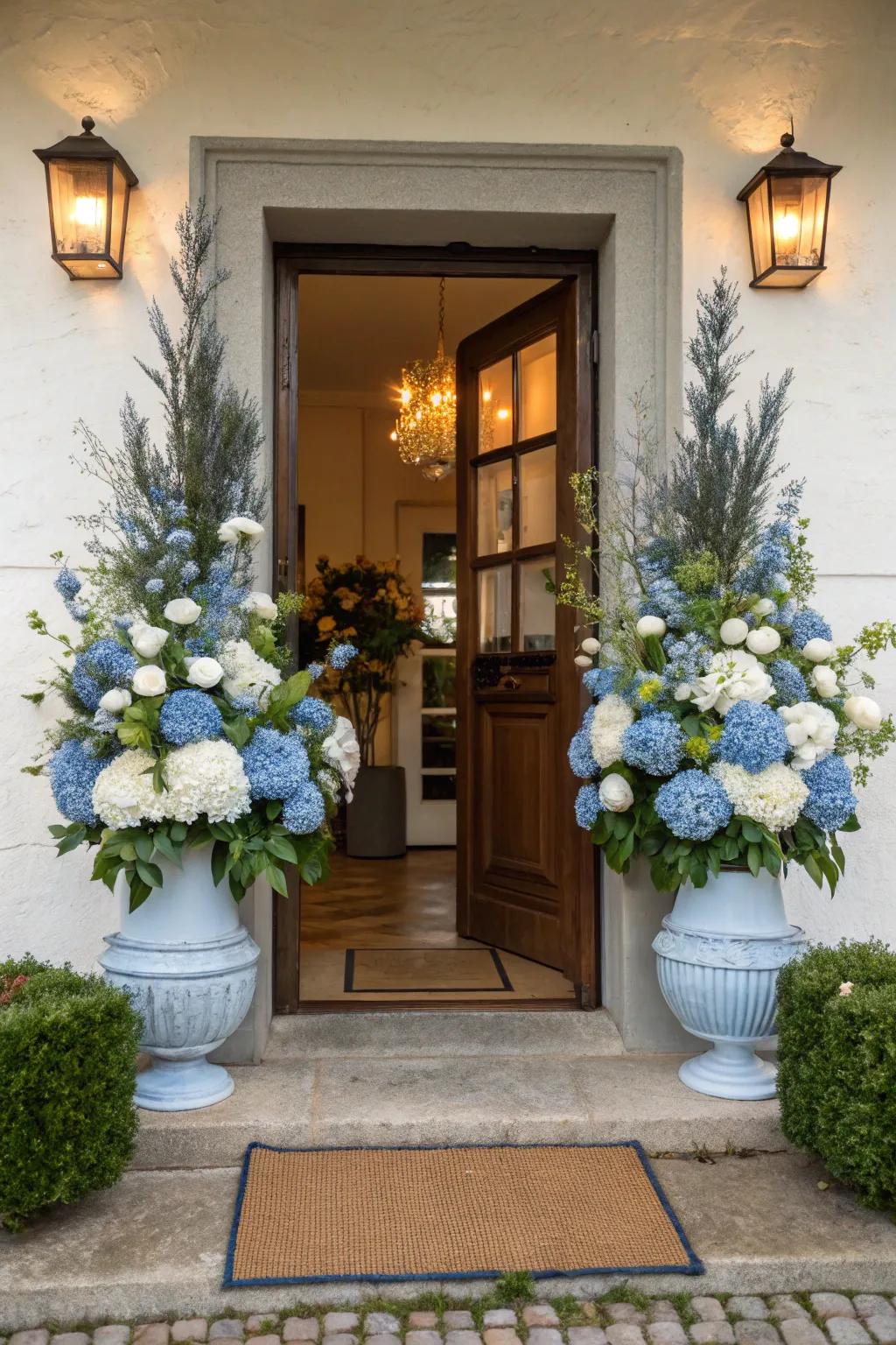 An elegant entrance with blue and white floral decor