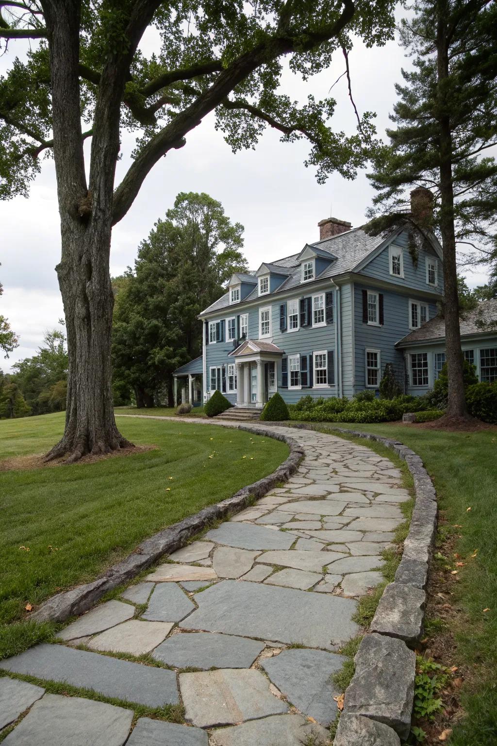 A stately home with a slate blue exterior, exuding sophistication.