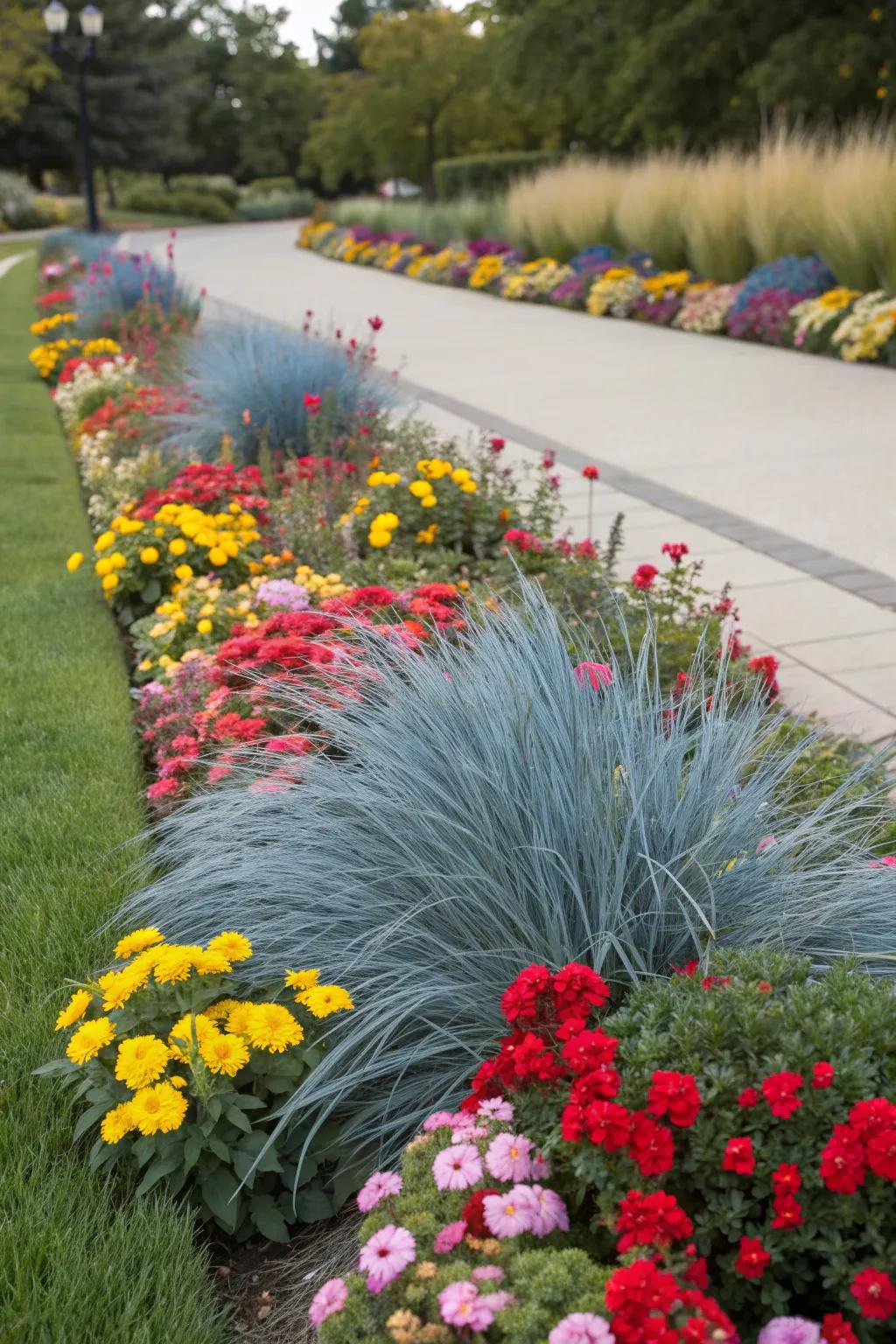 Blue fescue provides stunning contrast in this vibrant flower bed.