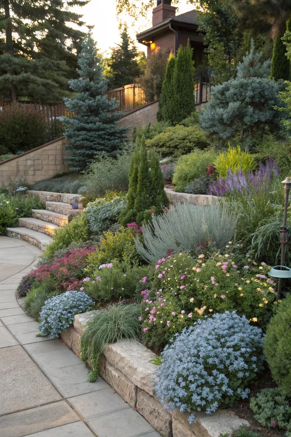 Layered landscapes come alive with Blue Point Junipers.