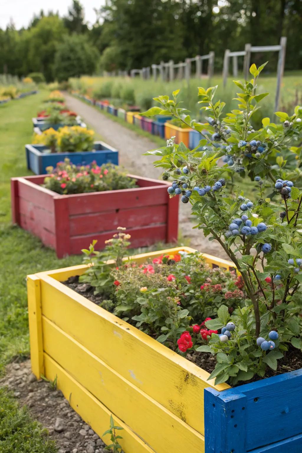 Vibrant raised beds filled with thriving blueberries.
