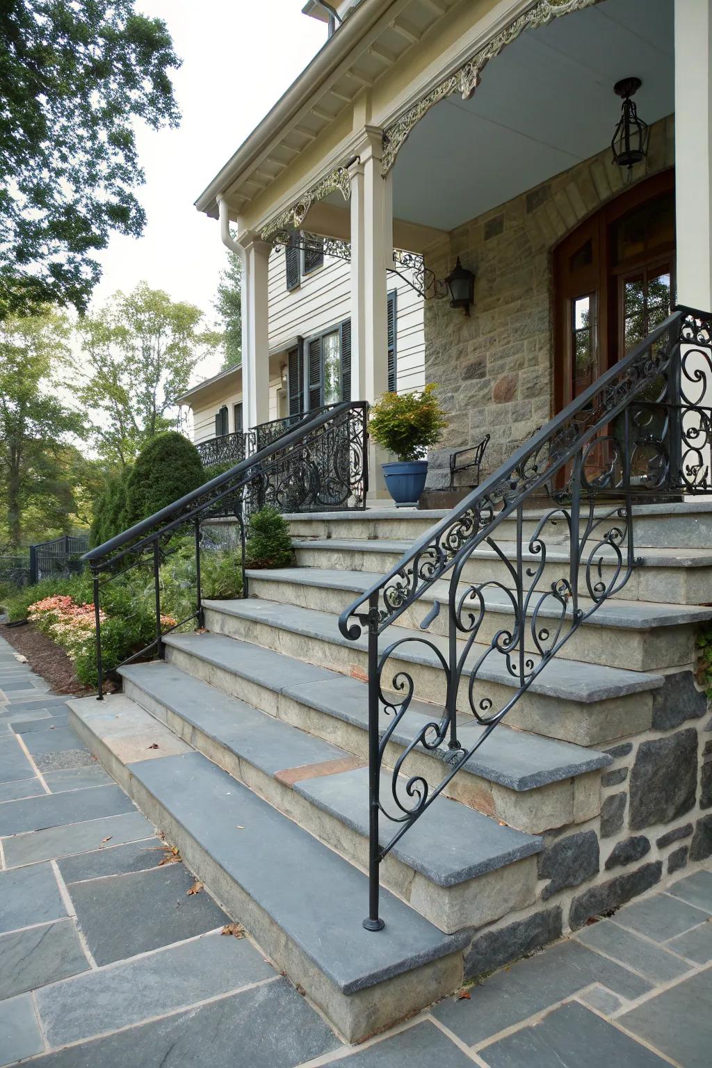 Bluestone steps with stylish wrought iron railings.