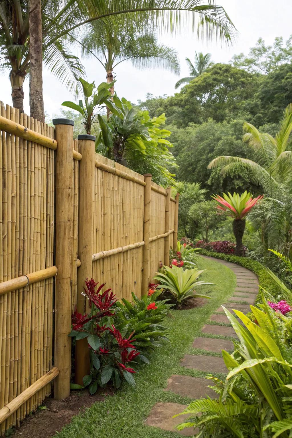 A bamboo board fence adds a tropical touch.