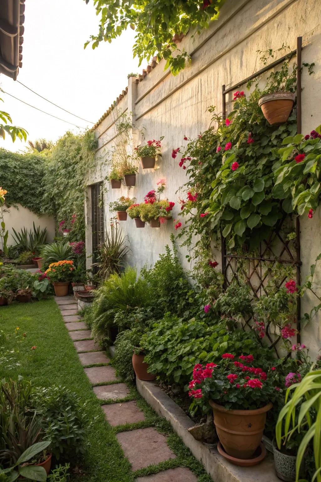 A vertical garden adds life and greenery to any wall.
