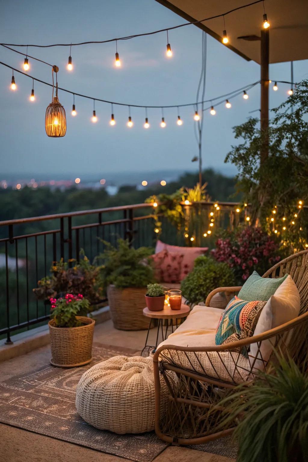 String lights add a magical glow to your boho balcony.